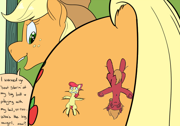 Size: 700x490 | Tagged: suggestive, artist:goat train, deleted from derpibooru, derpibooru import, edit, apple bloom, applejack, big macintosh, granny smith, earth pony, applebutt, applecest, apple family, apple family member, applemac, apple sisters, brother and sister, butt, female, filly, incest, large butt, male, mare, micro, plot, shipping, shrunk, siblings, sisters, size difference, someone paid goat train to draw the butt pic again, squished, stallion, straight