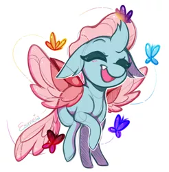 Size: 481x488 | Tagged: artist:esmeia, butterfly, changedling, changeling, cute, cute little fangs, derpibooru import, diaocelles, eyes closed, fangs, female, happy, ocellus, open mouth, raised leg, safe, simple background, solo, spread wings, weapons-grade cute, white background, wings