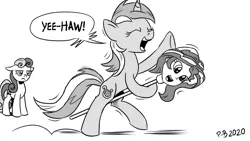 Size: 1200x675 | Tagged: safe, artist:pony-berserker, derpibooru import, bon bon, lyra heartstrings, sunset shimmer, sweetie drops, earth pony, pony, unicorn, equestria girls, black and white, bon bon is not amused, dialogue, eyes closed, female, grayscale, hobby horse, hobby human, l.u.l.s., mare, monochrome, pony-berserker's twitter sketches, role reversal, signature, simple background, speech bubble, stippling, that pony sure does love humans, unamused, white background, yeehaw