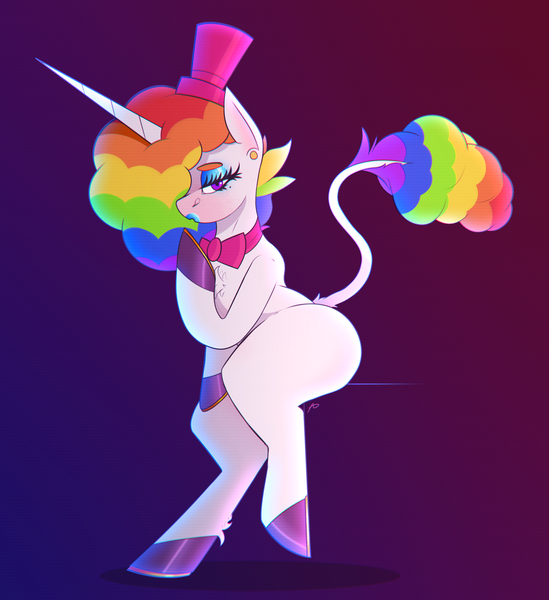 Size: 2534x2767 | Tagged: safe, artist:thotdog, artist:thotdoggg, derpibooru import, oc, oc:crystal, unofficial characters only, pony, unicorn, beauty mark, bimbo, blue eyeshadow, blue lipstick, bowtie, clown, ear piercing, earring, eyeshadow, female, hat, horn, jewelry, lipstick, makeup, piercing, solo, tail