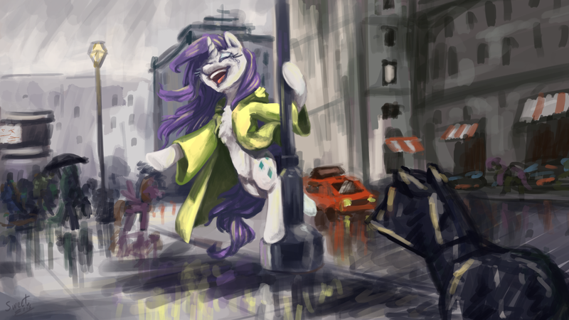 Size: 1920x1080 | Tagged: safe, artist:elisdoominika, derpibooru import, rarity, pony, unicorn, car, chest fluff, city, clothes, cloud, cloudy, crying, eyes closed, eyeshadow, horn, lamp, makeup, manehattan, mascara, open clothes, open mouth, rain, raincoat, singing, singing in the rain, smiling, solo, storm, street, tears of joy, wet, wet mane