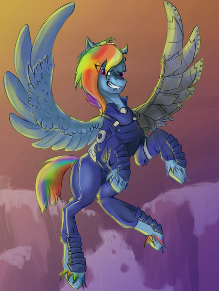 Size: 1810x2410 | Tagged: safe, artist:meanagame, derpibooru import, rainbow dash, pegasus, pony, alternate timeline, amputee, apocalypse dash, armor, artificial wings, augmented, clothes, crystal war timeline, female, flying, mare, prosthetic limb, prosthetic wing, prosthetics, rearing, solo, torn ear, unshorn fetlocks, wings