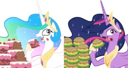 Size: 1883x1000 | Tagged: alicorn, artist:atariboy2600, burger, cake, cakelestia, cakes, derpibooru import, edit, food, future, future twilight, gabby gums, hay burger, princess celestia, princess twilight 2.0, safe, side by side, the last problem, twilight burgkle, twilight sparkle, twilight sparkle (alicorn), vector, vector edit