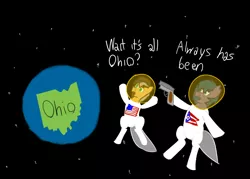 Size: 3500x2500 | Tagged: safe, artist:sufficient, derpibooru import, oc, oc:belfry towers, oc:steaming stove, unofficial characters only, bat pony, earth pony, astronaut, dialogue, earth, flag, gun, meme, ohio, ponified meme, space, spacesuit, stars, surprised, this will end in death, united states, wait it's all ohio, weapon