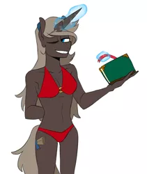 Size: 1223x1447 | Tagged: suggestive, artist:redxbacon, derpibooru import, oc, oc:parch well, anthro, unicorn, anthro oc, bikini, book, breasts, clothes, female, glowing horn, grin, horn, magic, mare, one eye closed, simple background, smiling, solo, solo female, swimsuit, unicorn oc