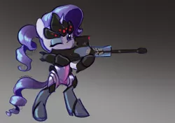 Size: 1500x1053 | Tagged: safe, artist:dawnfire, derpibooru import, pony, unicorn, bipedal, clothes, cosplay, costume, crossover, gun, one eye closed, overwatch, rarimaker, rifle, sniper rifle, solo, weapon, widowmaker