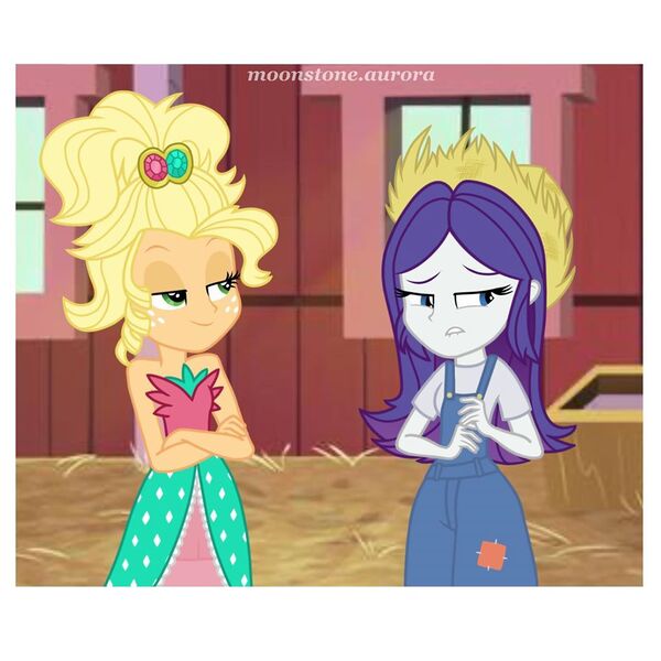 Size: 1080x1080 | Tagged: safe, artist:moonstone.aurora, derpibooru import, applejack, rarity, equestria girls, alternate hairstyle, applejewel, bare shoulders, barn, bedroom eyes, clothes, duo, equestria girls interpretation, female, freckles, hat, overalls, rarihick, scene interpretation, sleeveless, smug, strapless