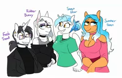 Size: 2497x1603 | Tagged: safe, artist:redxbacon, derpibooru import, oc, oc:fresh trend, oc:rubber bunny, oc:snow star, oc:summer siren, unofficial characters only, anthro, earth pony, pegasus, pony, unicorn, family, father and child, father and daughter, female, male, mother and child, mother and daughter