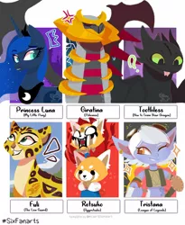 Size: 1280x1561 | Tagged: safe, artist:colinetheneko, derpibooru import, princess luna, alicorn, anthro, dragon, giratina, pony, red panda, six fanarts, :p, aggretsuko, angry, anthro with ponies, clothes, cougar, crossover, female, fuli, how to train your dragon, league of legends, looking up, mare, one eye closed, open mouth, peytral, pokémon, retsuko, rule 63, sanrio, smiling, the lion guard, tongue out, toothless the dragon, tristana, white eyes, wink