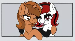 Size: 2149x1176 | Tagged: safe, artist:purplealacran, derpibooru import, oc, oc:lilith, oc:sign, unofficial characters only, pony, unicorn, arm around back, arm warmers, bust, cheek to cheek, clothes, duo, ear piercing, eyeshadow, female, frame, freckles, looking at you, makeup, one eye closed, piercing, tongue out, tongue piercing