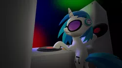 Size: 4800x2699 | Tagged: safe, artist:agkandphotomaker2000, derpibooru import, vinyl scratch, pony, unicorn, 3d, butt, dj booth, dj glasses, headphones, lights, looking at you, source filmmaker, vinyl disc