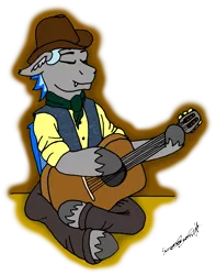 Size: 2903x3690 | Tagged: safe, artist:summerium, derpibooru import, oc, unofficial characters only, bat pony, acoustic guitar, bandana, clothes, fangs, guitar, hat, musical instrument, simple background, solo, transparent background, unshorn fetlocks, vest