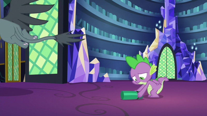 Size: 1920x1080 | Tagged: safe, derpibooru import, screencap, gabby, spike, dragon, gryphon, dragon dropped, baby, baby dragon, bookshelf, claws, duo, female, flying, leaving, male, offscreen character, paw pads, paws, picking up, sad, toe beans, twilight's castle, underpaw, winged spike