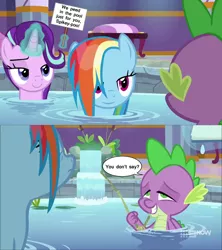 Size: 800x900 | Tagged: artist:titanium-pony, bedroom eyes, deep tissue memories, derpibooru import, edit, edited screencap, female, hot tub, implied pissing, male, ponyville spa, rainbow dash, rainbowspike, screencap, shipping, sparlight, spike, spike gets all the mares, spoiler:deep tissue memories, starlight glimmer, straight, suggestive