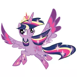 Size: 800x800 | Tagged: safe, derpibooru import, twilight sparkle, twilight sparkle (alicorn), alicorn, pony, big crown thingy, colored wings, concept art, element of magic, female, flying, gradient hooves, jewelry, mare, multicolored hair, multicolored horn, multicolored wings, rainbow power, regalia, simple background, smiling, solo, spread wings, white background, wings