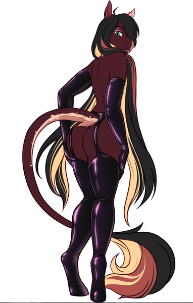 Size: 623x978 | Tagged: questionable, artist:blackblood-queen, derpibooru import, oc, oc:daniel dasher, anthro, dracony, dragon, hybrid, pony, unguligrade anthro, anthro oc, ass, butt, clothes, digital art, evening gloves, eyeshadow, fangs, femboy, gloves, hair over one eye, latex, leonine tail, long gloves, looking back, makeup, male, rear view, simple background, solo, solo male, stallion, white background, wingless, wingless anthro