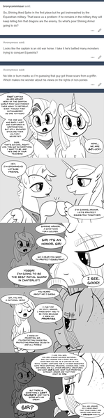 Size: 960x3855 | Tagged: safe, artist:mamatwilightsparkle, derpibooru import, shining armor, spearhead, oc, oc:silver spear, pony, unicorn, comic, dialogue, flashback, handkerchief, implied spike, mama twilight sparkle, monochrome, prejudice, scar, tumblr