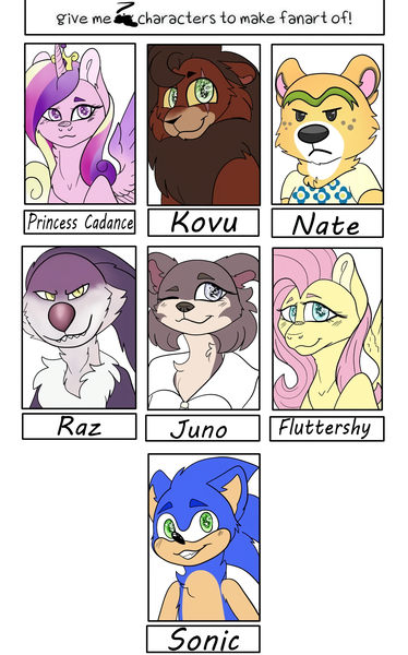 Size: 996x1599 | Tagged: safe, alternate version, artist:neoravenclan, derpibooru import, fluttershy, princess cadance, alicorn, anthro, bear, big cat, lion, pegasus, pony, wolf, six fanarts, anthro with ponies, beastars, bust, crossover, eye scar, female, frown, juno, kovu, male, mare, nate, one eye closed, raz, scar, smiling, sonic the hedgehog, sonic the hedgehog (series), the lion king, wink