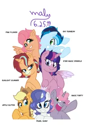 Size: 1000x1414 | Tagged: safe, artist:emeraldjeweltm, artist:malupokebr, derpibooru import, oc, oc:apple butter, oc:magic party, oc:pearl shiny, oc:pink flower, oc:sky rainbow, oc:star magic sparkle, oc:sunlight glimmer, unofficial characters only, alicorn, earth pony, pegasus, pony, unicorn, base used, colored muzzle, colored wings, cowboy hat, female, freckles, hat, horn, looking at you, mare, multicolored hair, multicolored wings, next generation, offspring, one wing out, open mouth, parent:applejack, parent:big macintosh, parent:caramel, parent:fancypants, parent:flash sentry, parent:fluttershy, parent:pinkie pie, parent:pokey pierce, parent:rainbow dash, parent:rarity, parent:soarin', parent:starlight glimmer, parent:sunburst, parent:twilight sparkle, parents:carajack, parents:flashlight, parents:fluttermac, parents:pokeypie, parents:raripants, parents:soarindash, parents:starburst, signature, simple background, smiling, white background, wings