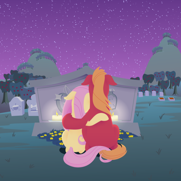 Size: 2880x2880 | Tagged: safe, anonymous artist, derpibooru import, big macintosh, fluttershy, earth pony, pegasus, pony, series:fm holidays, candle, candlelight, facing away, female, floppy ears, flower, fluttermac, gravestone, graveyard, hoof around neck, hoof on shoulder, implied bright mac, implied pear butter, intertwined tails, lineless, male, mare, missing accessory, night, shipping, stallion, stars, straight, sweet apple acres, tail