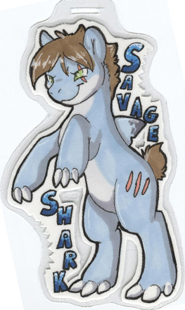 Size: 263x440 | Tagged: artist:rika, badge, claws, con badge, cropped tail, derpibooru import, fin, male, oc, oc:savage shark, original species, safe, scar, shark, shark pony, smiling, solo, unofficial characters only