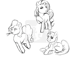 Size: 880x704 | Tagged: safe, artist:rika, derpibooru import, pinkie pie, rarity, twilight sparkle, earth pony, pony, unicorn, book, eyes closed, female, grayscale, lidded eyes, looking at you, mare, monochrome, noisemaker, open mouth, prone, pronking, raised hoof, simple background, sketch, smiling, unicorn twilight, watermark, white background, wip