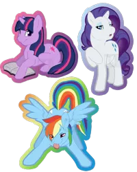 Size: 572x715 | Tagged: safe, artist:rika, derpibooru import, rainbow dash, rarity, twilight sparkle, pegasus, pony, unicorn, badge, book, con badge, female, lidded eyes, looking at you, mare, open mouth, prone, raised hoof, simple background, smiling, spread wings, tongue out, transparent background, unicorn twilight, watermark, wings