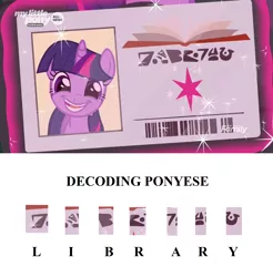 Size: 1920x1952 | Tagged: safe, derpibooru import, edit, edited screencap, screencap, twilight sparkle, pony, unicorn, the point of no return, adorkable, alien language, barcode, cute, derp, discovery family logo, dork, faic, female, grin, happy, hieroglyphics, levitation, library card, looking at you, magic, magic aura, mare, open mouth, smiling, solo, sparkles, telekinesis, theory, twiabetes, unicorn twilight, written equestrian