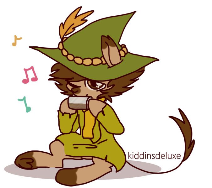 Size: 1350x1200 | Tagged: safe, artist:kiddinsdeluxe, derpibooru import, ponified, pony, clothes, feather, harmonica, hat, multicolored fur, music notes, musical instrument, one eye closed, playing instrument, scarf, simple background, sitting, snufkin, solo, the moomins, transparent background