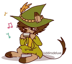 Size: 1350x1200 | Tagged: safe, artist:kiddinsdeluxe, derpibooru import, ponified, pony, clothes, feather, harmonica, hat, multicolored fur, music notes, musical instrument, one eye closed, playing instrument, scarf, simple background, sitting, snufkin, solo, the moomins, transparent background