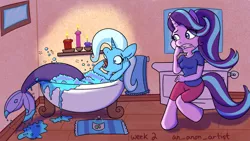 Size: 1920x1080 | Tagged: anthro, artist:an_anon_artist, bath, bathtub, bubble, bubble bath, claw foot bathtub, derpibooru import, mermaid, mermaidized, mermay, potion, safe, species swap, starlight glimmer, transformation, trixie, unguligrade anthro