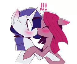 Size: 1311x1092 | Tagged: safe, artist:cassettepunk, deleted from derpibooru, derpibooru import, pinkie pie, rarity, earth pony, pony, unicorn, blushing, bust, exclamation point, eyes closed, female, heart, kissing, lesbian, pinkamena diane pie, raripie, shipping, simple background, surprise kiss, surprised, white background