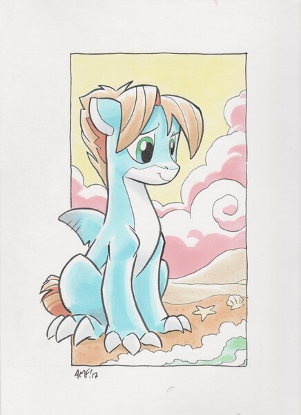 Size: 931x1280 | Tagged: artist:tonyfleecs, beach, claws, cloud, commission, derpibooru import, fin, floppy ears, male, oc, oc:savage shark, original species, safe, seashell, shark, shark pony, sitting, smiling, solo, starfish, traditional art, unofficial characters only, water, wave