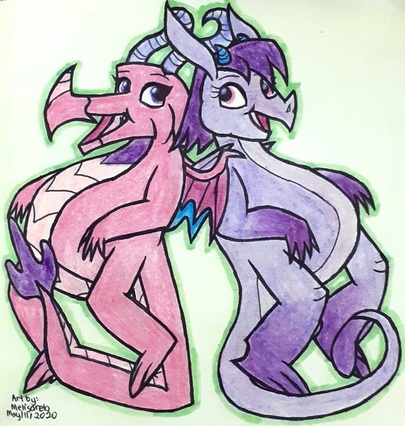 Size: 1775x1870 | Tagged: artist:melisareb, ballinence, ballista, cute, derpibooru import, diaballista, dragon, dragoness, duo, fat, female, lesbian, looking at each other, promibetes, prominence, safe, shipping, traditional art, wat