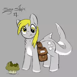 Size: 875x875 | Tagged: artist:savageshark, bag, crumbs, cute, derpabetes, derpibooru import, derpy hooves, eating, female, fin, food, grayscale, looking at you, monochrome, muffin, original species, pale belly, saddle bag, safe, shark, sharkified, shark pony, solo, species swap, :t