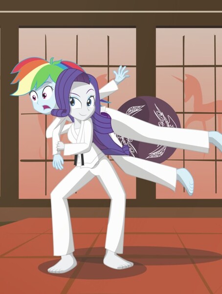 Size: 536x709 | Tagged: safe, artist:amante56, derpibooru import, rainbow dash, rarity, equestria girls, cropped, duo, feet, gi, judo, martial artist rarity, martial arts