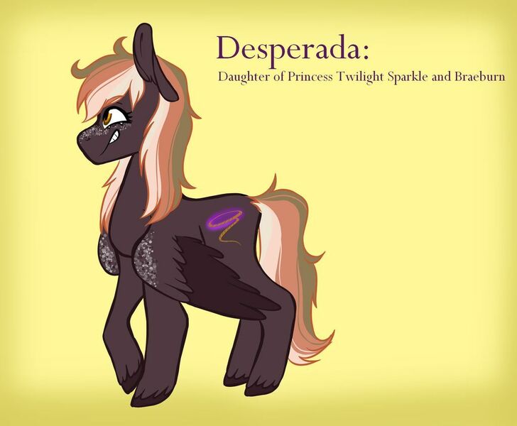 Size: 1024x844 | Tagged: safe, artist:hawklesscorruption, derpibooru import, oc, oc:desperada, unofficial characters only, pegasus, pony, female, freckles, mare, offspring, parent:braeburn, parent:twilight sparkle, parents:twiburn, sidemouth, simple background, solo, yellow background