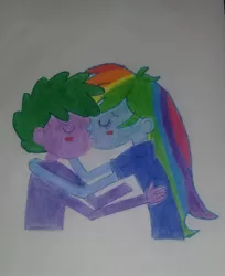 Size: 1647x2015 | Tagged: safe, derpibooru import, rainbow dash, spike, human, equestria girls, female, hug, human spike, humanized, kissing, love, male, rainbowspike, shipping, straight, traditional art