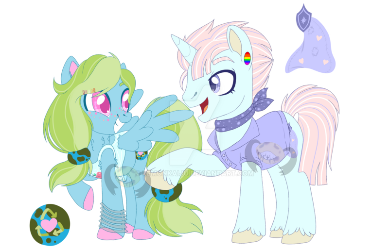 Size: 1280x824 | Tagged: safe, artist:lemonkaiju, derpibooru import, oc, oc:eco green, oc:security blanket, unofficial characters only, pegasus, pony, unicorn, female, magical lesbian spawn, male, mare, offspring, parent:blossomforth, parent:lyra heartstrings, parent:moondancer, parent:shining armor, simple background, stallion, transparent background