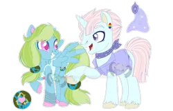 Size: 1280x824 | Tagged: safe, artist:lemonkaiju, derpibooru import, oc, oc:eco green, oc:security blanket, unofficial characters only, pegasus, pony, unicorn, female, magical lesbian spawn, male, mare, offspring, parent:blossomforth, parent:lyra heartstrings, parent:moondancer, parent:shining armor, simple background, stallion, transparent background