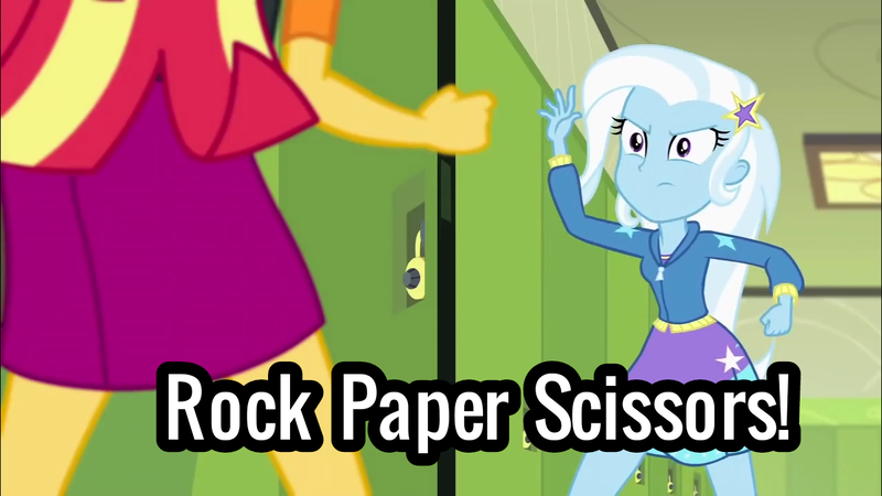 Size: 1280x720 | Tagged: safe, derpibooru import, edit, edited screencap, screencap, sunset shimmer, trixie, equestria girls, equestria girls series, forgotten friendship, rock paper scissors