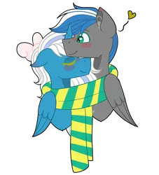 Size: 852x938 | Tagged: alicorn, alicorn oc, artist:king-justin, blushing, clothes, derpibooru import, eyes closed, female, green eyes, horn, mare, nuzzling, oc, oc:cloud zapper, oc:fleurbelle, pegasus, pegasus oc, safe, scarf, shipping, simple background, smiling, transparent background, wings