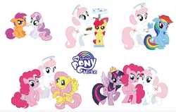 Size: 1694x1080 | Tagged: safe, derpibooru import, official, apple bloom, nurse redheart, pinkie pie, rainbow dash, scootaloo, sweetie belle, twilight sparkle, twilight sparkle (alicorn), alicorn, earth pony, pegasus, pony, unicorn, bandage, bipedal, china, chinese text, international nurse day, scale, simple background, stock vector, thermometer, white background