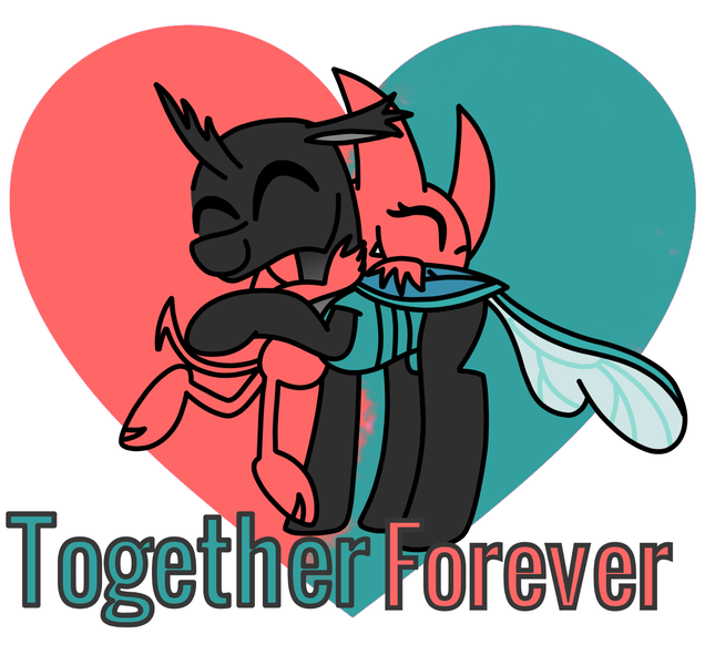 Size: 1286x1214 | Tagged: artist:rainbowbacon, changeling, cute, demon, derpibooru import, duality, duo, fangs, heart, heart background, horns, hug, love, oc, oc:satina, oc:steel crescent, safe, satina wants a glass of water, shipping, text, young