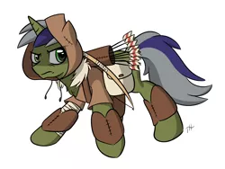 Size: 4000x3000 | Tagged: safe, artist:fakskis, derpibooru import, oc, unofficial characters only, pony, unicorn, absurd resolution, arrow, arrows, bandage, bow (weapon), bow and arrow, chest fluff, clothes, commission, hood, horn, male, no nostrils, quiver, signature, simple background, solo, stallion, weapon, white background