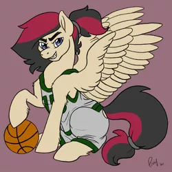 Size: 2600x2600 | Tagged: safe, artist:luckyponytattoo, derpibooru import, oc, oc:porsche speedwings, unofficial characters only, pegasus, pony, >:d, athlete, ball, basketball, clothes, colored, dress, eyebrows, flat colors, hoof on ball, looking at you, male, pegasus oc, ponytail, raised hoof, shorts, simple background, sleeveless, sleeveless dress, solo, sports, sports dress, spread wings, stallion, tailband, wings