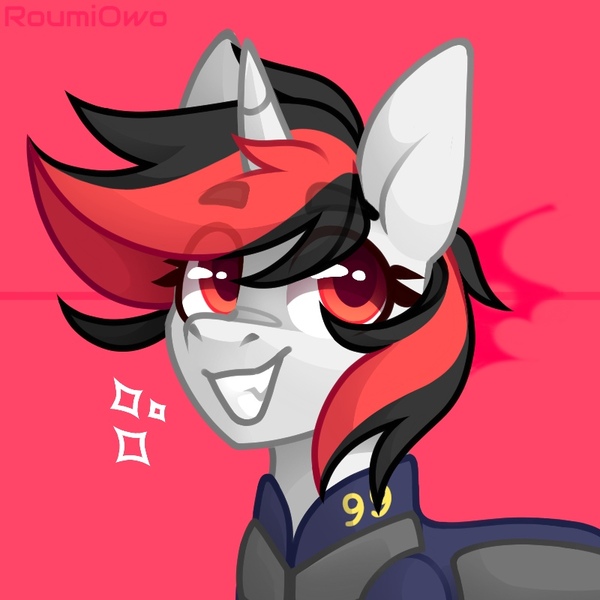 Size: 800x800 | Tagged: safe, artist:roumiowo, derpibooru import, oc, oc:blackjack, unofficial characters only, pony, unicorn, fallout equestria, fallout equestria: project horizons, big horn, clothes, fanfic art, horn, vault security armor, vault suit