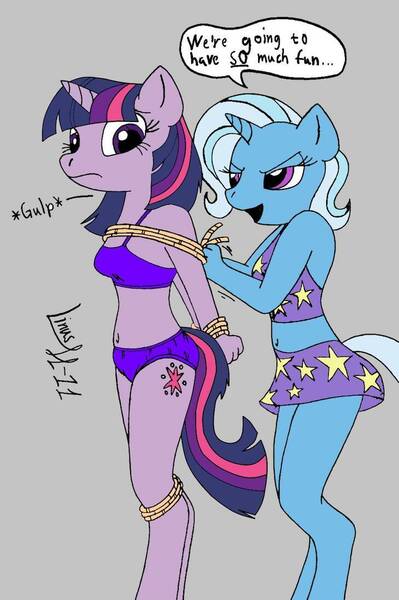 Size: 729x1097 | Tagged: suggestive, artist:limpurtikles, colorist:uunnddii, derpibooru import, trixie, twilight sparkle, anthro, unguligrade anthro, unicorn, arm behind back, belly button, blue underwear, bondage, bound wrists, bra, breasts, clothes, crop top bra, female, gulp, lesbian, midriff, panties, rope, rope bondage, shipping, skirt, trixdom, twixie, underwear, unicorn twilight