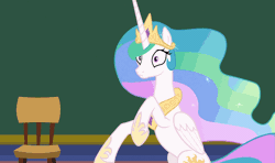 Size: 1377x817 | Tagged: safe, derpibooru import, edit, edited screencap, screencap, princess celestia, alicorn, pony, horse play, :c, animated, bipedal, chair, charades, crown, ethereal mane, female, folded wings, frown, hoof shoes, hoofy-kicks, horses doing horse things, jewelry, mare, rearing, regalia, sillestia, silly, silly pony, solo, wide eyes, wings