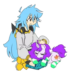 Size: 1688x1759 | Tagged: safe, artist:doodlegamertj, derpibooru import, oc, oc:mable syrup, oc:musicallie, unofficial characters only, human, pony, unicorn, blue hair, clothes, petting, simple background, sleeping, socks, striped socks, transparent background